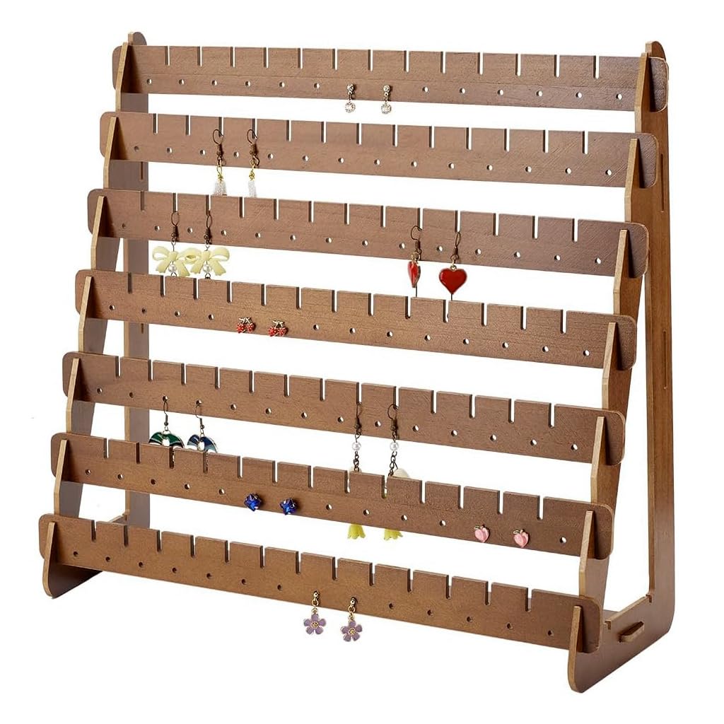 HASTHIP® Earrings Organizer Ear Studs Storage Rack, 7-Row Wooden Earrings Jewelry Display Stand with 98 Holes and 91 Slots for Stud Earrings and Fish Hook Earring Holder - Coffee Finish-image-32