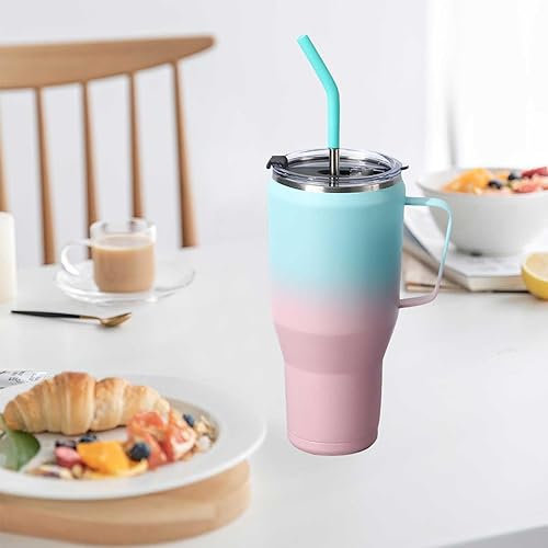 Miniatura 6 de Vaso de 40 onzas con asa y pajilla, tapa 2 en 1 (pajilla  abatible), taza de viaje de acero inoxidable aislada al vacío para bebidas calientes y