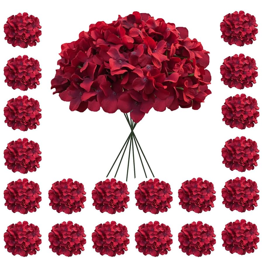 Cherica 20 Pcs Dark Red Hydrangea Artificial Flowers Bulk, Faux Hydrangea Flowers Heads, Artificial Fake Silk Hydrangea Flowers with Stems, Red Flowers Artificial for Decoration Wedding Décor