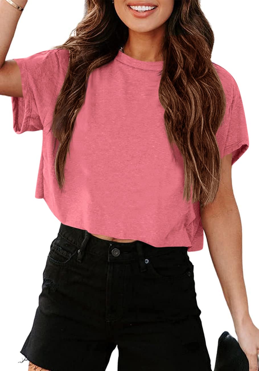 Tankaneo Crop Tops Damen Oversize Sport Oberteile Cropped Shirts Rundhals Loose Bauchfrei Sommertop Kurz T-Shirts.