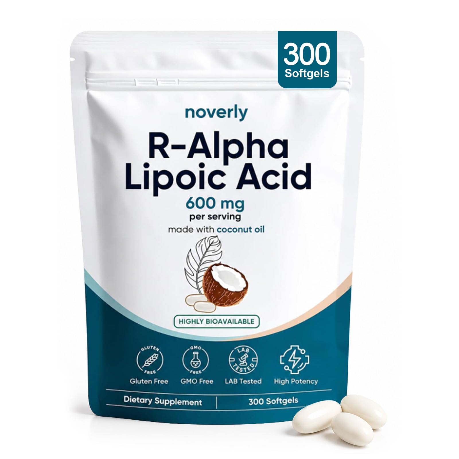 R-Alpha Lipoic Acid 600mg for Neuropathy, Pure R-Form Softgels with Coconut Oil, Nerve Formula, Antioxidant Support, Gluten Free, Non-GMO, 300 Softgels