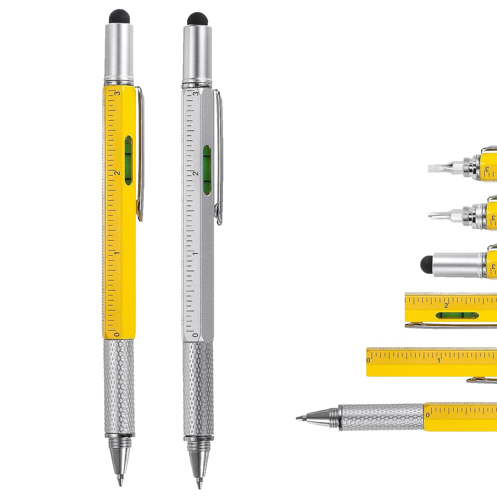 6 in 1 Multi Tool Ballpoint Pen – 2PCS Multitool Tech Tool Refills Pen, Useful Pens Gadgets with Ruler, Spirit Level, Stylus, Flathead & Phillips Screwdriver, Gifts for Him Dad Husband Boyfriend