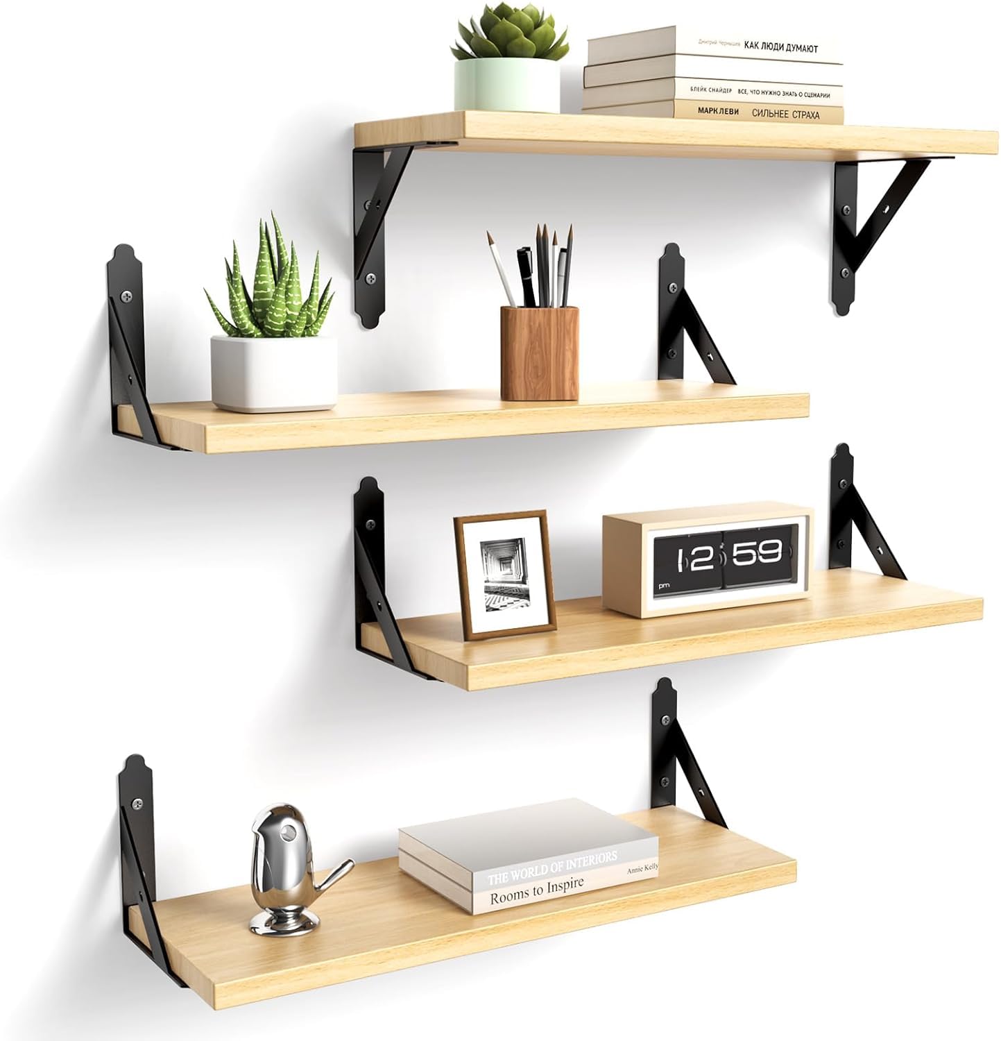 Decazone Wooden Floating Wall Shelf for Books | Wall Mounted Bookshelf for Living Room & Bedroom | Decorative Wooden Wall Shelf Rack | Solid Pine Wood | L 17 x D 5 Inches (4)