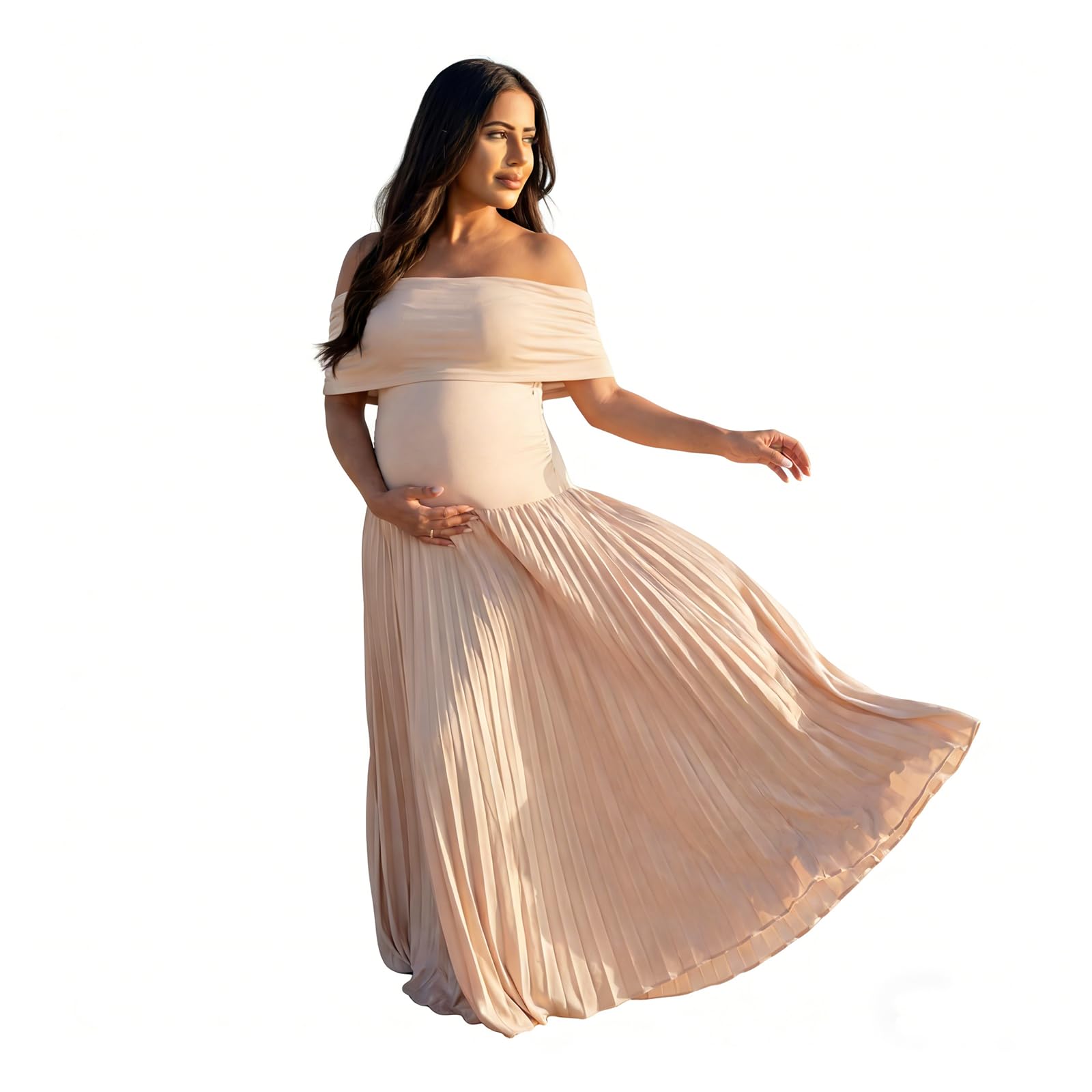 Cichic Robe de maternité à épaules dénudées, robe plissée fluide pour séance photo, fête prénatale, invitée de mariage, nude/beige