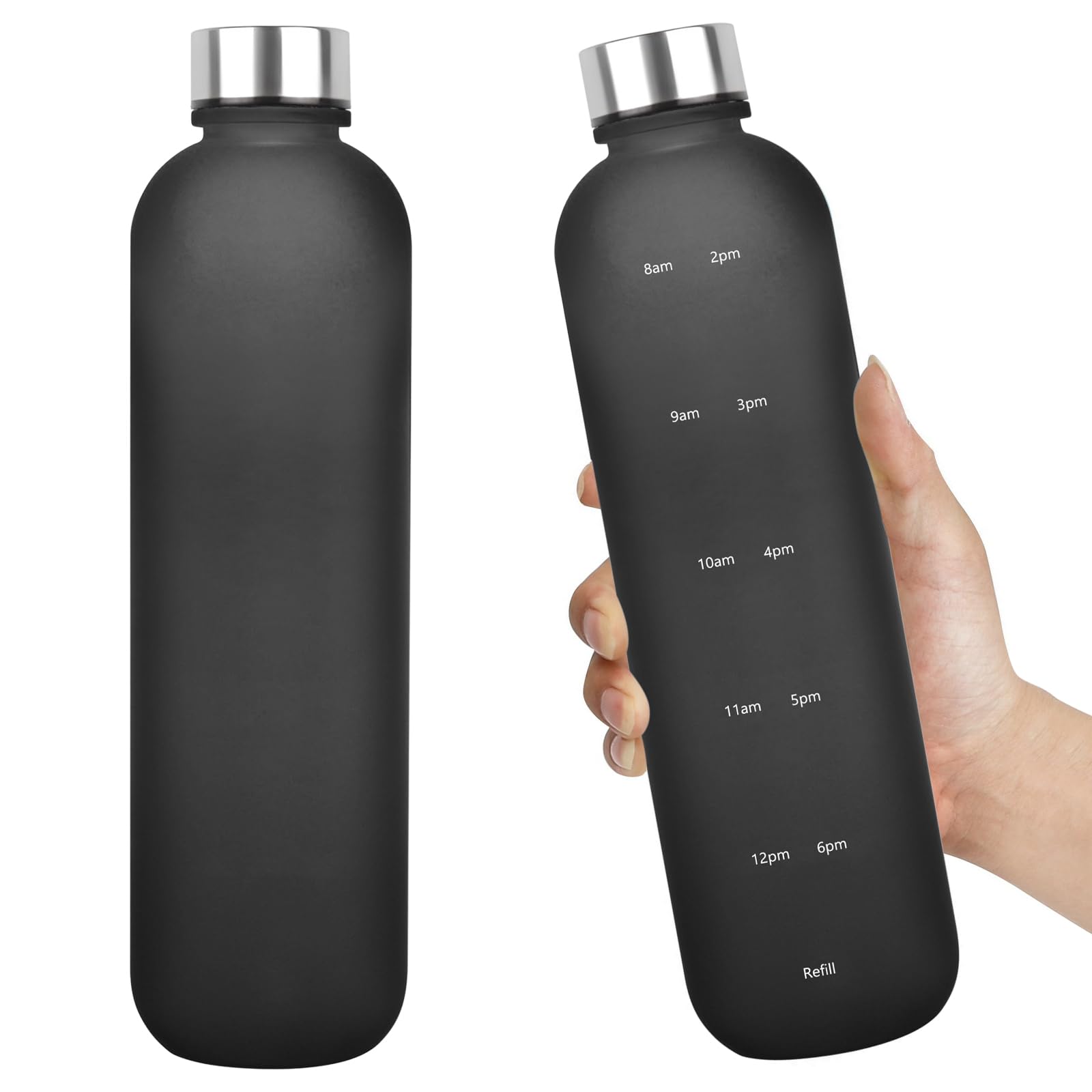 Water Bottle 32 oz, Frosted Style Sports Water Bottles BPA Free Water Bottle With Time Marker,Small mouth Leakproof Water Bottles with Strap for Gym Fitness Hiking Bike Camping (Black)
