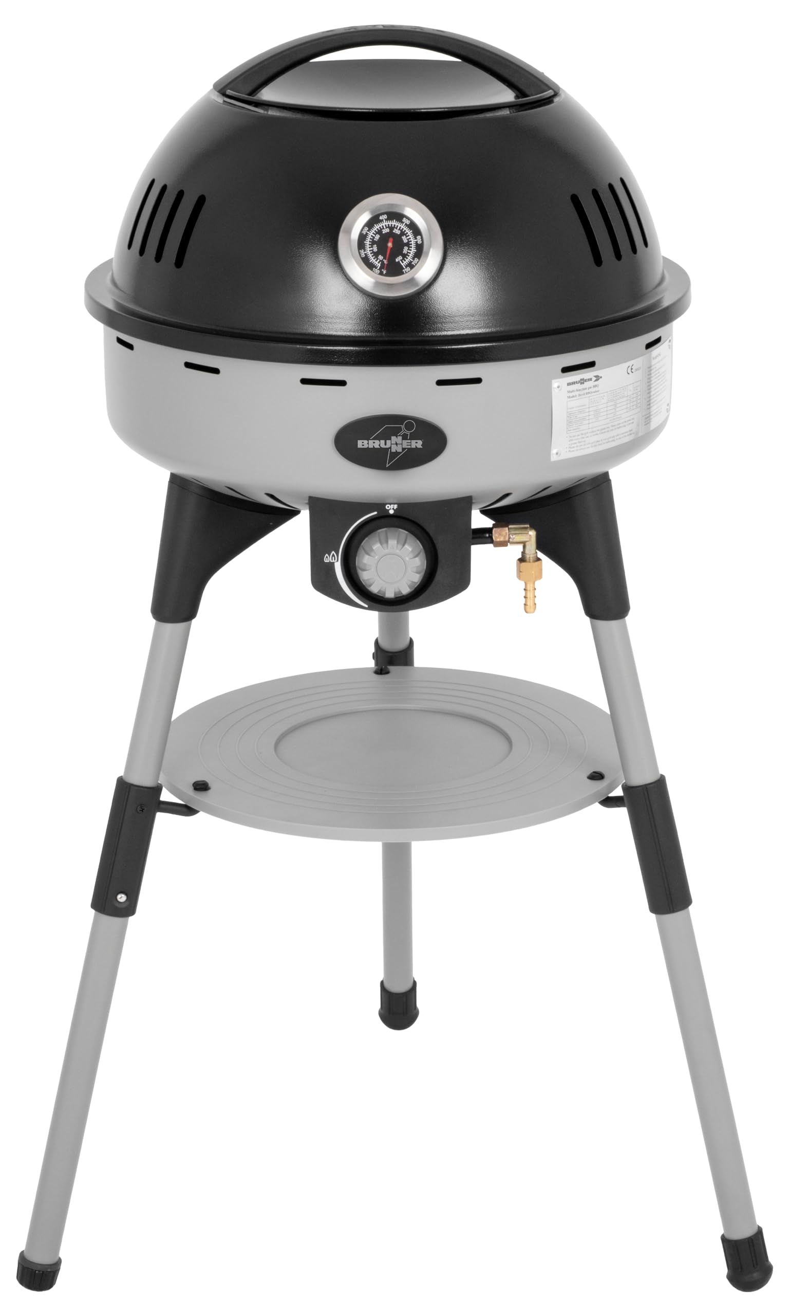 BRUNNER Przenośny grill gazowy BBQRUISER HT 30 mbar, pokrywa z termometrem, regulowana i zdejmowana - Zapłon piezoelektryczny - idealna do grillowania, mięsa, ryb i warzyw