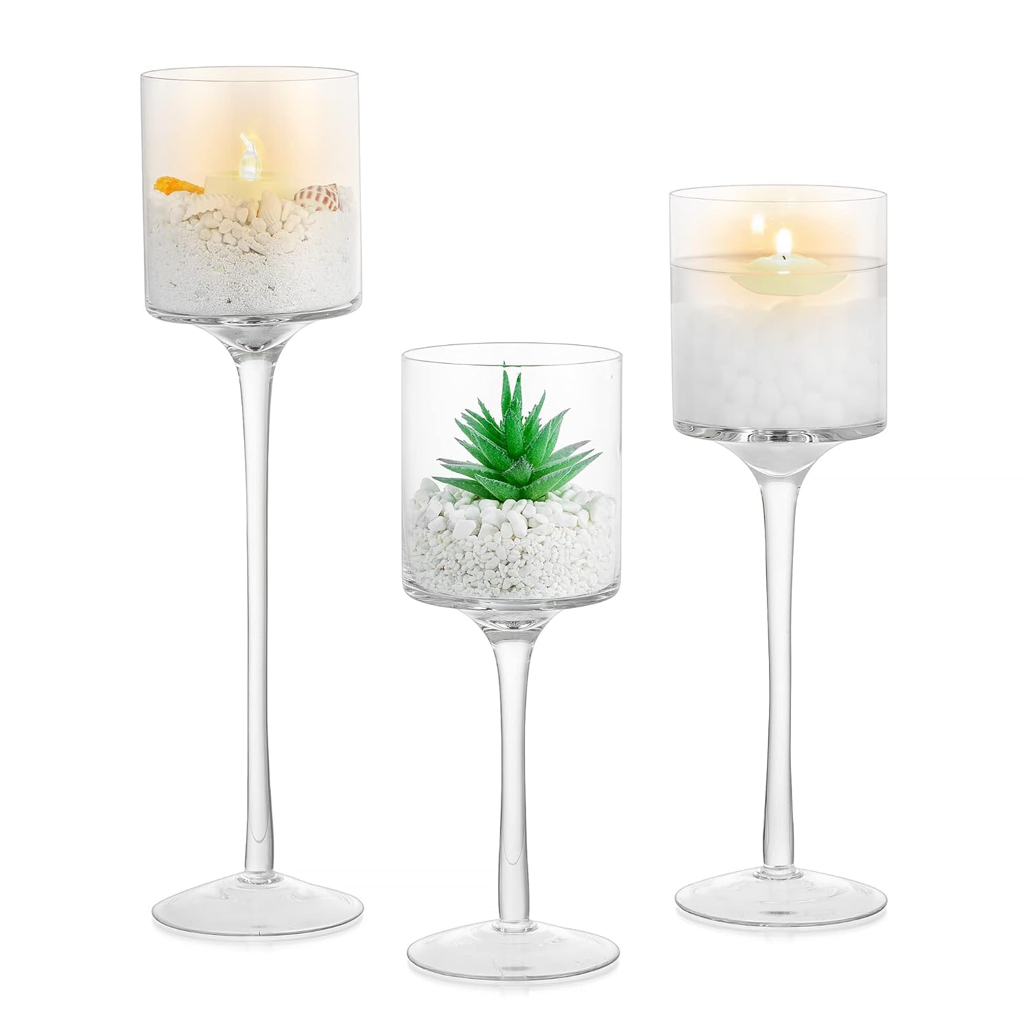 Glass Candle Holders - Set of 3 for Table Centerpiece -2