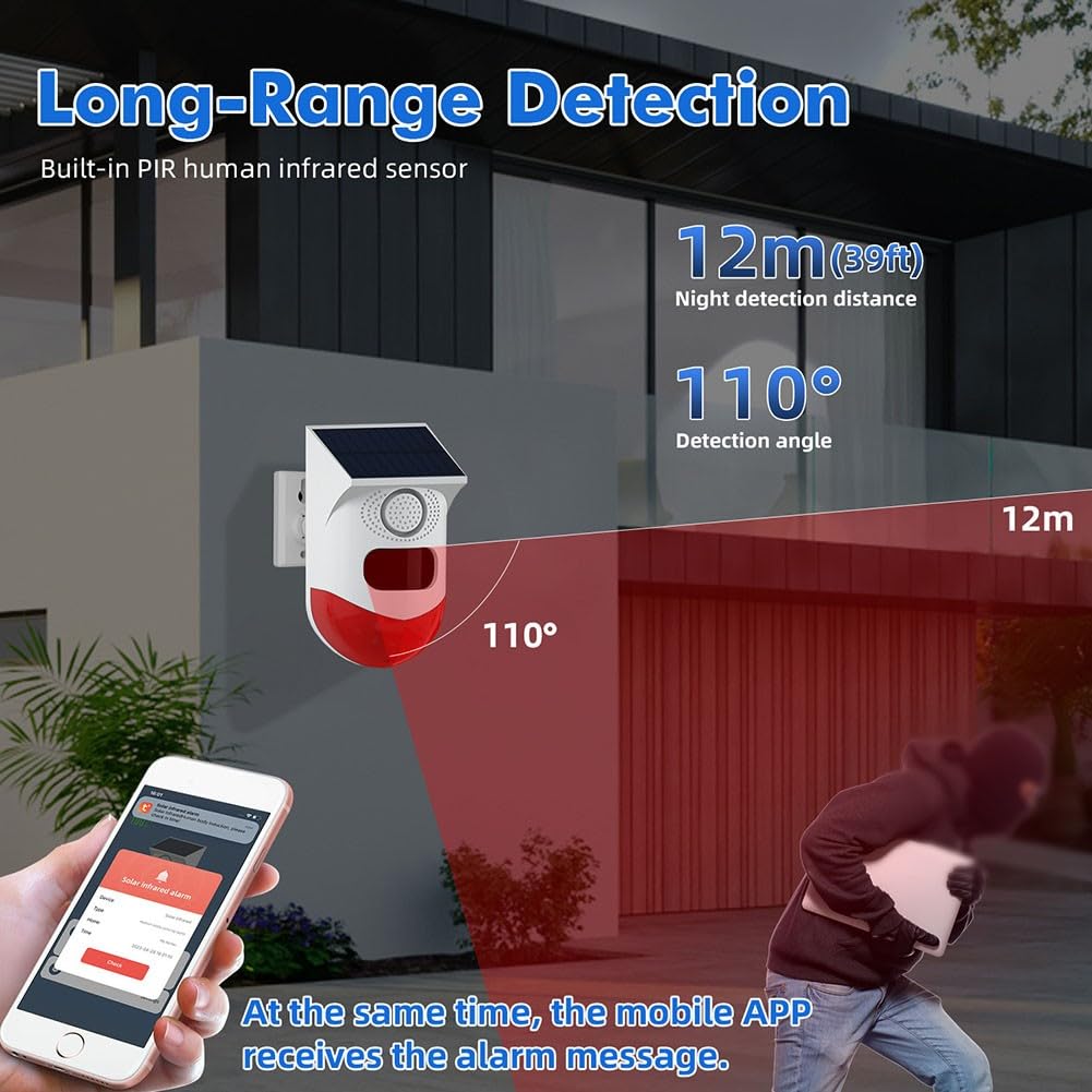 SPORTARC Home Security Systems, für Tuya WiFi Solar Bewegungsmelder Alarm mit Fernüberwachung, Hausalarm außen wetterfest, 120db 24 Stunden 4 Modi