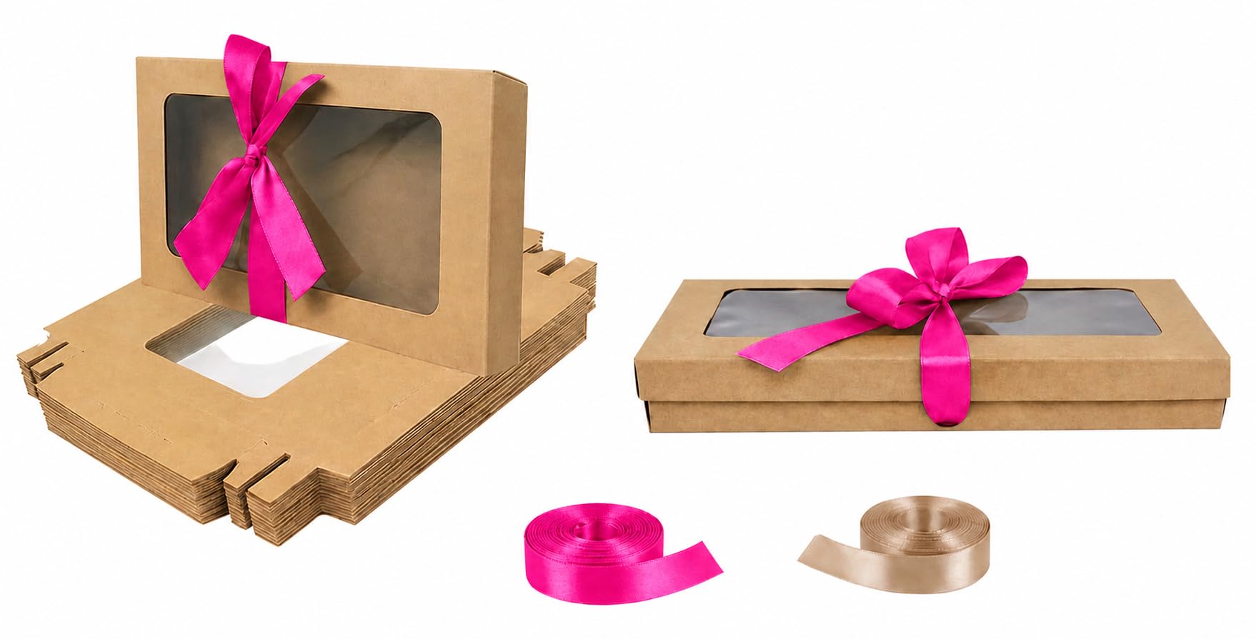 Emartbuy Pack of 12 Brown Gift Boxes with Clear Window Lid & Hot Pink Satin Ribbon - Small Slim 21 x 12.5 x 2.5 cm - Recyclable Kraft Presentation Box for Hampers, Treats, Weddings & Favours โ image 1