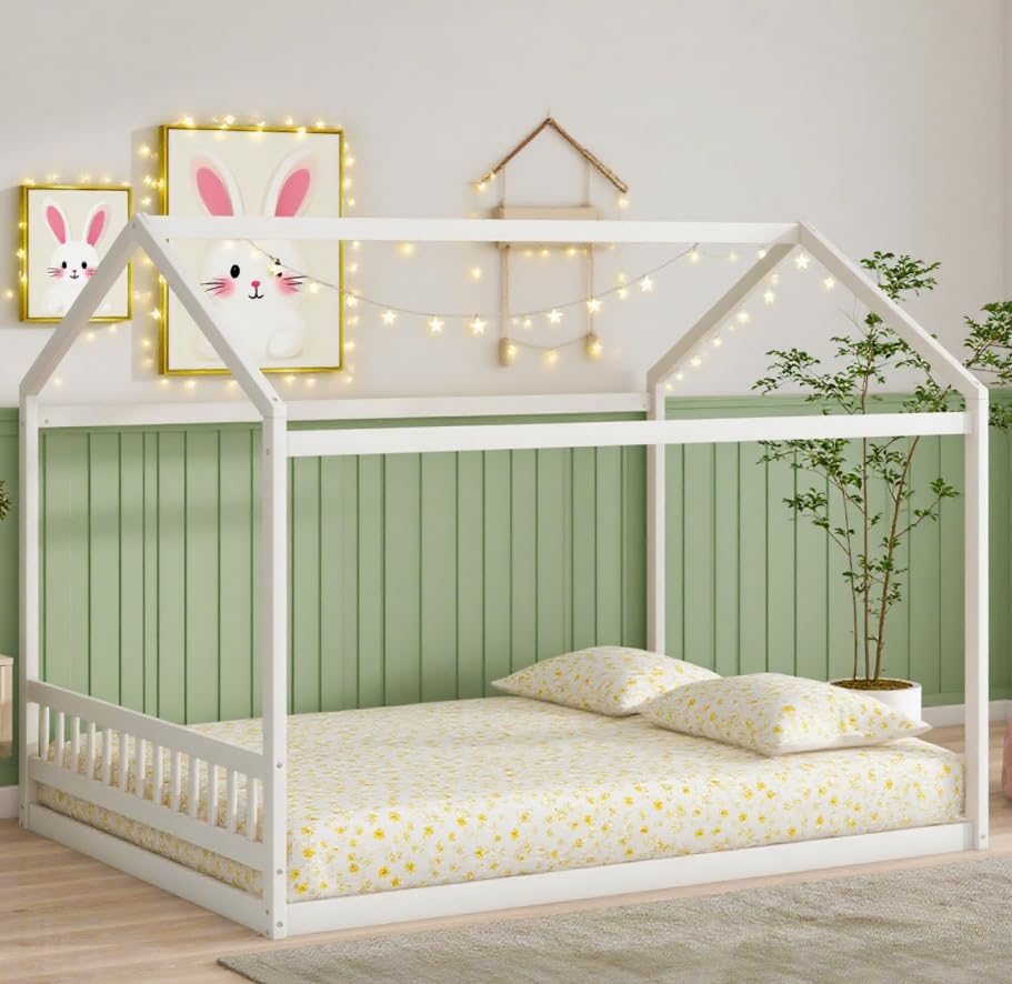 Bellemave Queen Size Montessori Floor Bed,House Bed Frame with High Headboard,Queen Floor Beds with Roof, White with Headboard