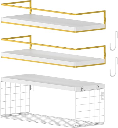 WOCOPIA Estantes flotantes blancos con cesta de almacenamiento de papel higiénico y ganchos en S, organizador y almacenamiento de baño, estantes