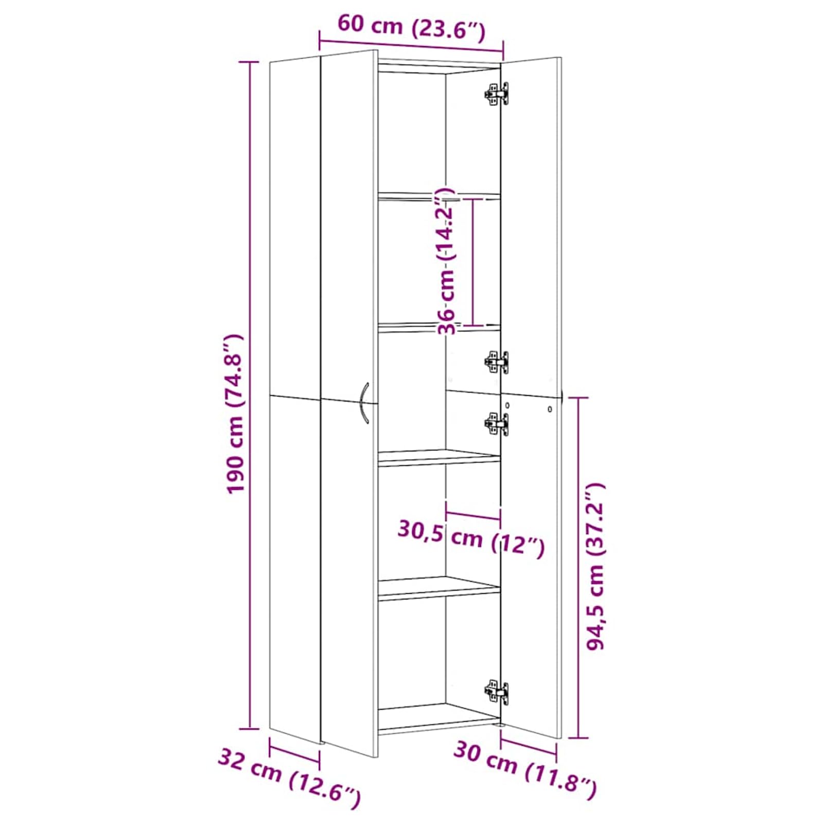 Gecheer Büroschrank, Holzwerkstoff Schrank mit 5 Regalen und 2 Türen, 60x32x190 cm, Sonoma-Eiche, für Büroorganisation und Aktenaufbewahrung