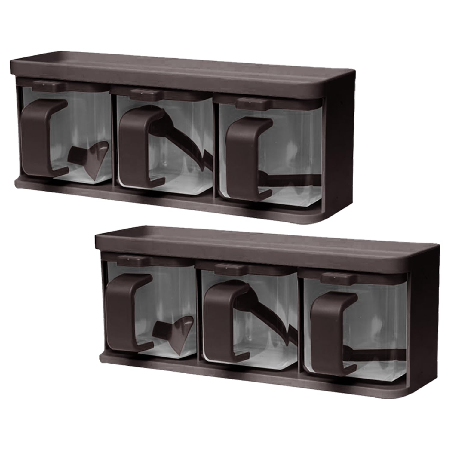 M1ss Brown (Set Of 2) - 3 Piece Spice Jars 3 Grids Spice Rack With Spoons Lid And Handle Plastic Storage Container Canister Seasoning Box Herb Spices Tea Coffee Sugar Salt Storage Condiment Set Spice Pots