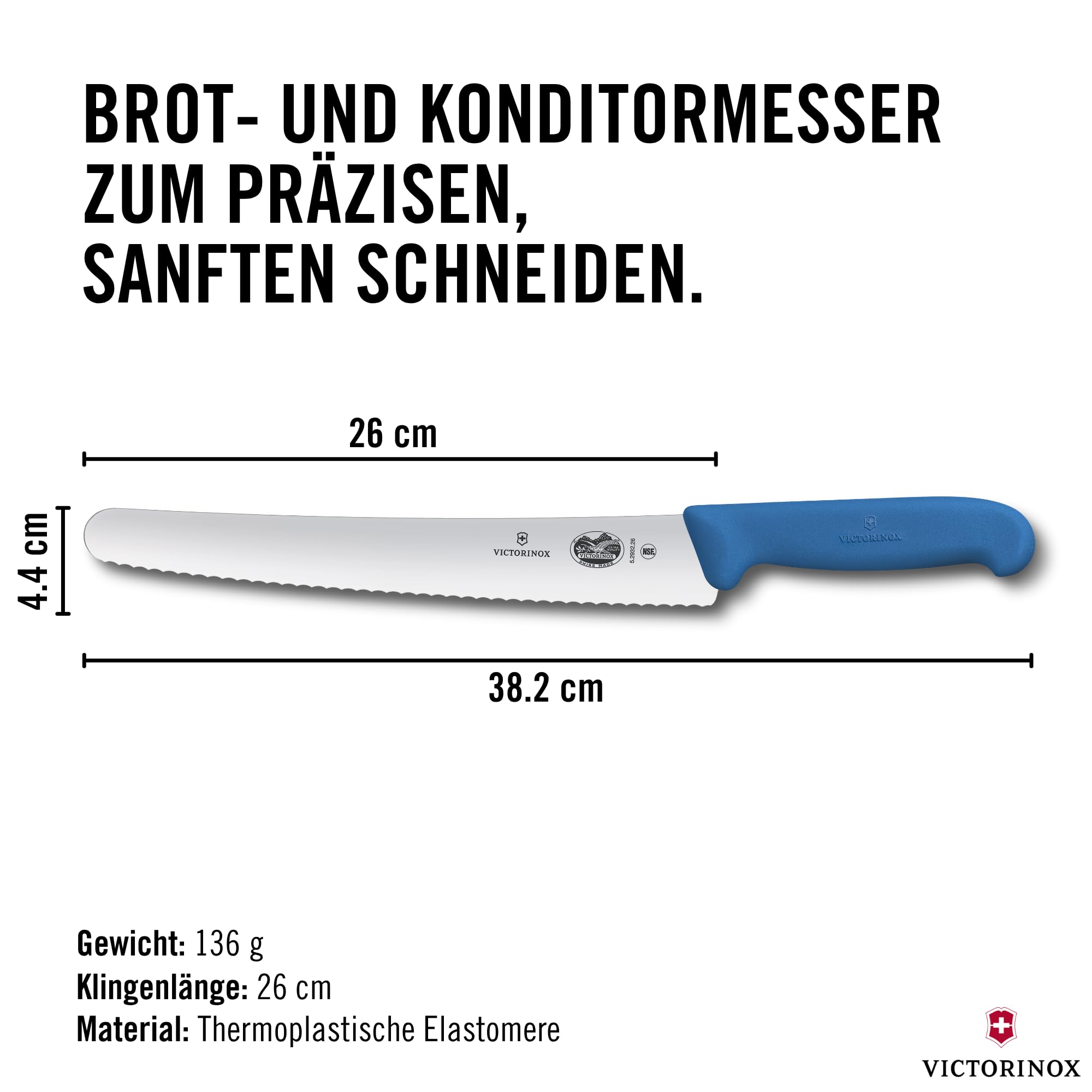 Victorinox Fibrox Konditorsäge mit Wellenschliff, Langes Küchenmesser für Kuchen und Backwaren, 26 cm, Scharf, Rostfreier Stahl, Blau