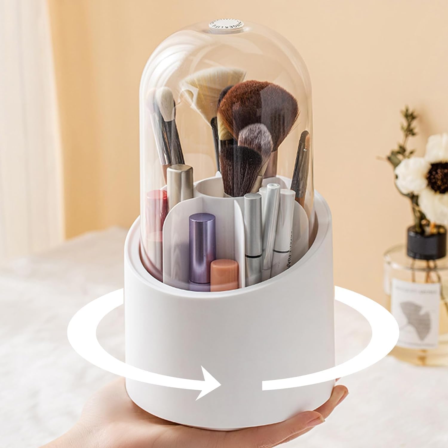 TRENDYQUORA 360° Rotating Makeup Brush Holder Organizer with Lid – 7-Slot Clear, Dustproof Cosmetic Brush Storage for Vanity (Multicolor)-image-23