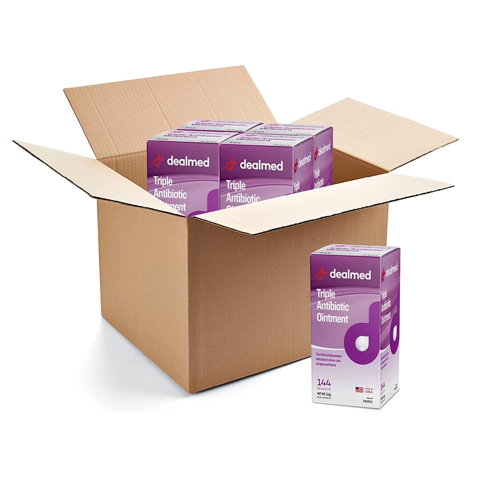Dealmed Triple Antibiotic Ointment Single-Use Packets for Instant Relief from Cuts Scrapes and Burns 144 Packets Box 5g