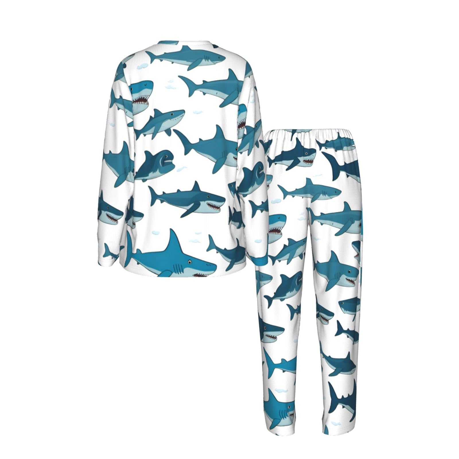 Pigiama da donna a maniche lunghe con stampa di squalo con vari gesti, morbido pigiama da spiaggia, vacanze, biancheria da notte, regalo casual