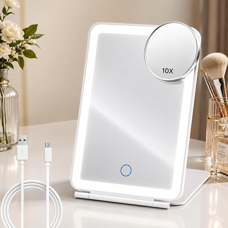Espelho compacto dobrável com iluminação LED CPHUSA, ampliação 10X, bateria recarregável de 1000 mAh e 3 modos de luz