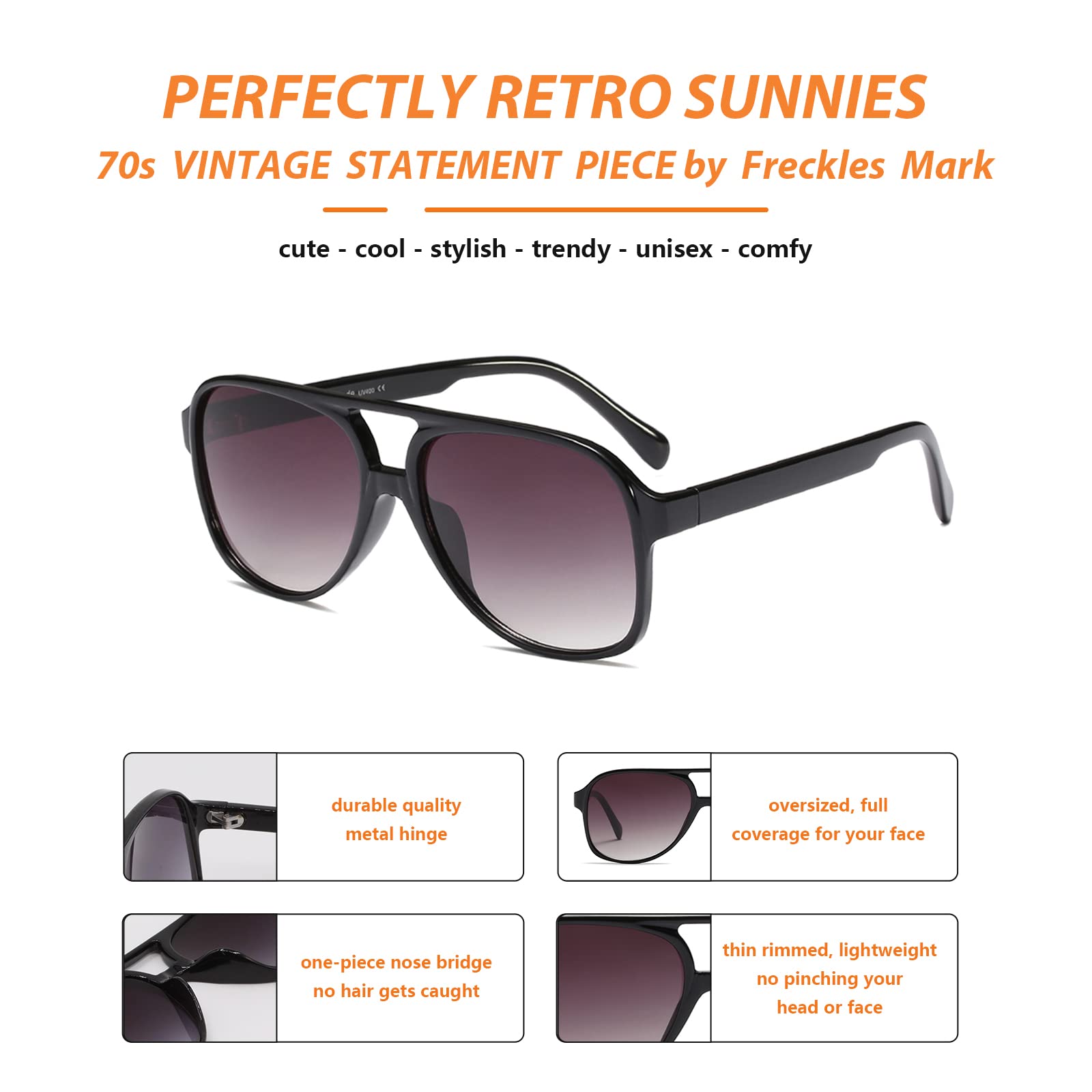 Freckles Mark Vintage Retro 70er Jahre Sonnenbrille für Damen Herren Klassisch Groß Quadrat Pilotenbrille Trendige Brille, Schwarz, Aufmaß