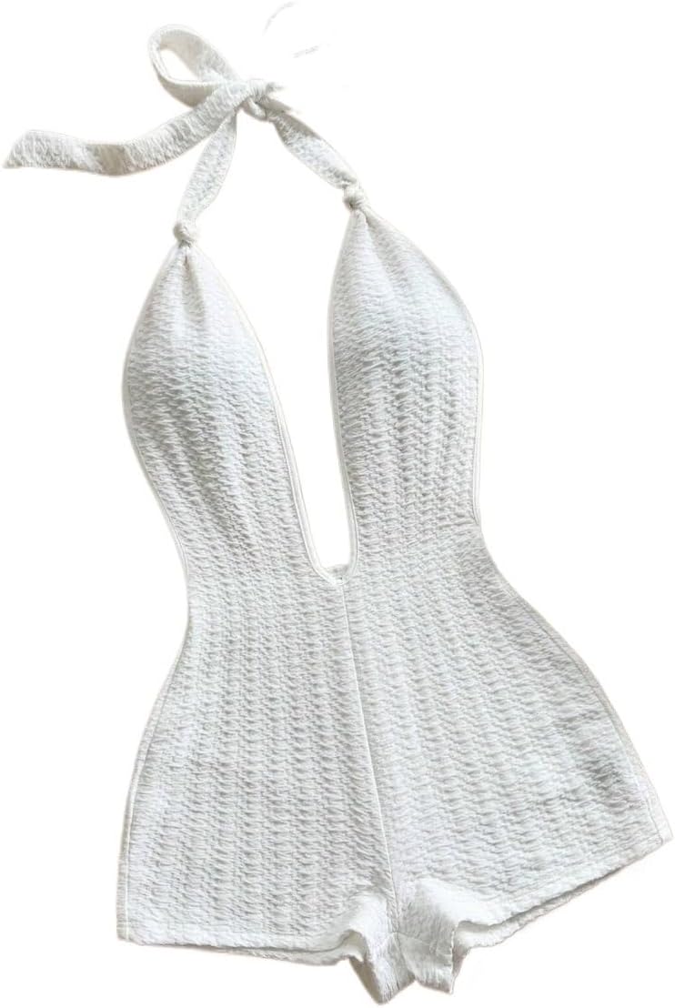 Rompers for Women Summer Knit Deep V Neck Tie Front Bodysuit, Slim Fit