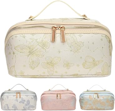 Large Capacity Makeup Bags Portable Travel Cosmetic Bag Open-Flat Toiletry Bag for Women Embroidery Make Up Bag Organizer with Divider Pouch Zipper Bags White