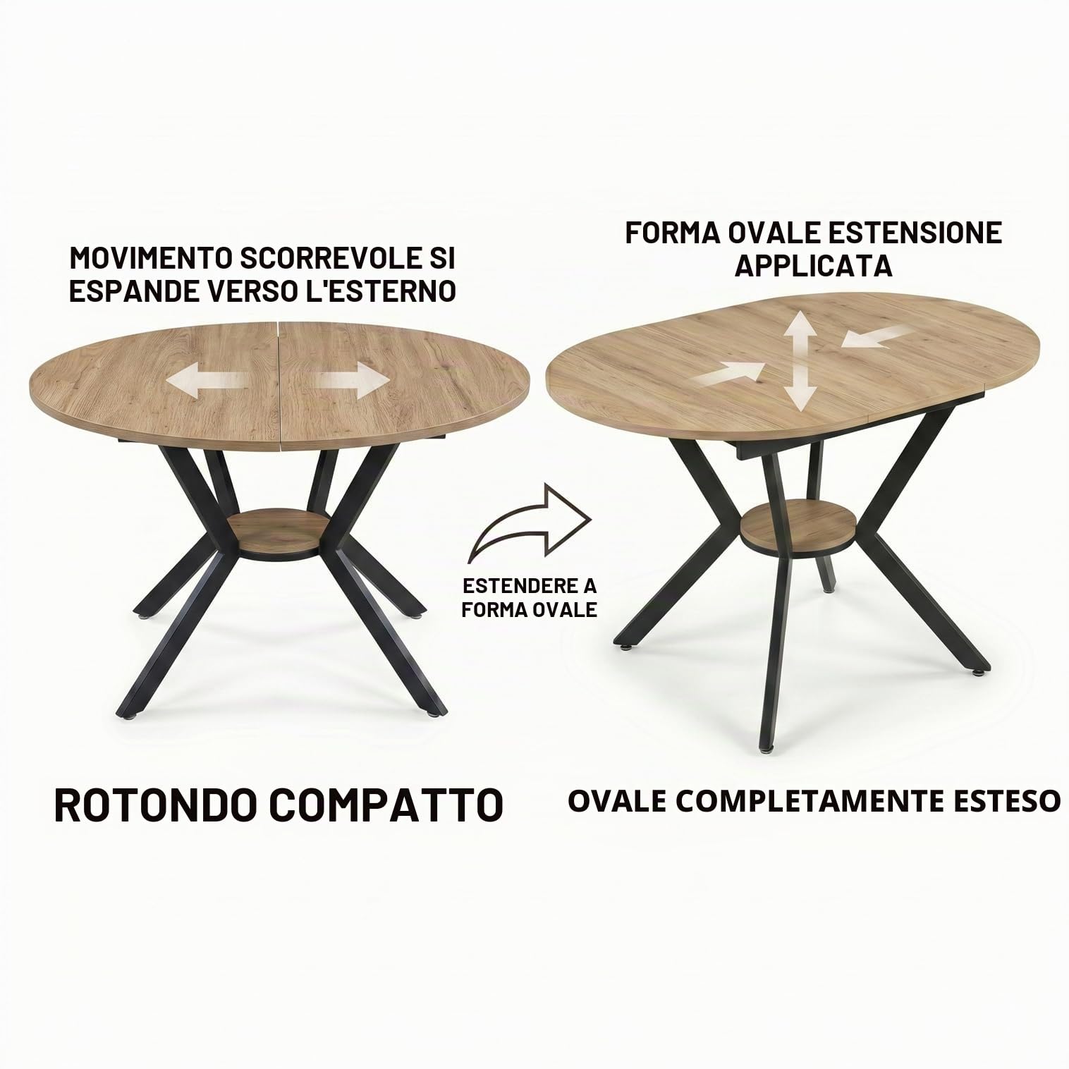 Tavolo da pranzo allungabile con piano in fibra a media densità, tavolo da pranzo ovale con gambe a X in metallo, tavolo da pranzo rotondo allungabile con ripiano centrale per cucina