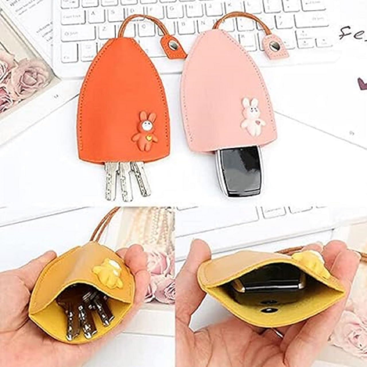 PU Leather Creative Pull Out Cute Large Capacity Car Key Case, Case Key Holder, Cartoon Pull Type Key Bag super large capacity(multicolour)(Pack of 2)-image-32