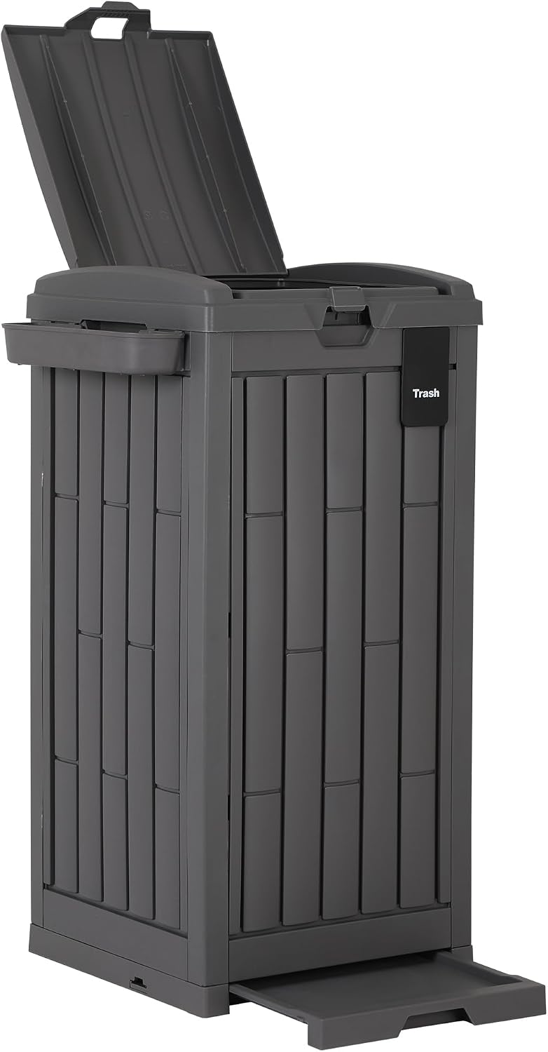 30 Gallon Outdoor Trash Can, Waterproof PP Resin Trash Bin with Tiered Lid, Ashtray & Detachable Tray, Outside Garbage Can for Patio, Garden, Deck, Backyard, Gray