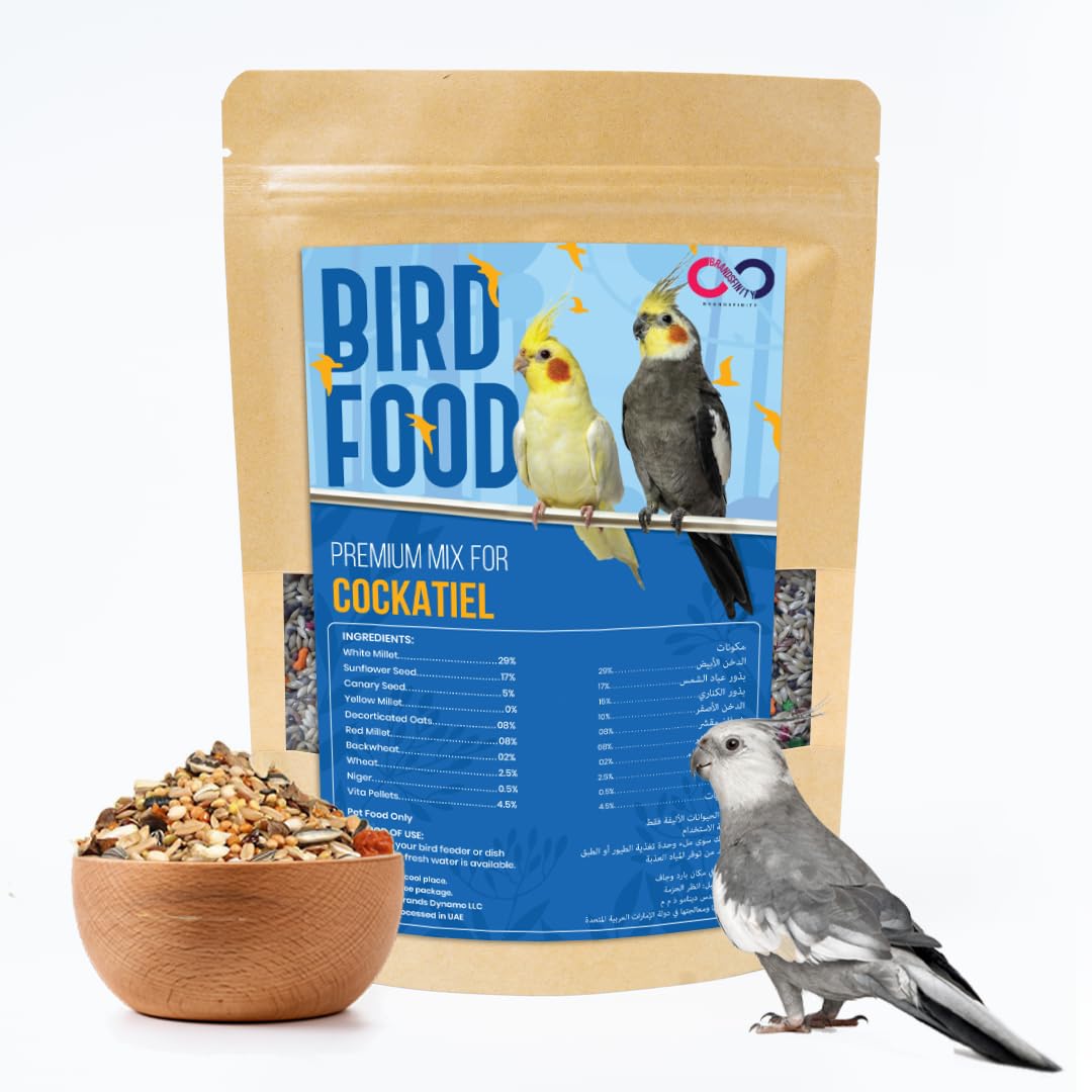 Brandsfinity 800g Premium Bird Food for Cockatiel & Parakeet - Healthy Bird Feed Blend with White Millet, Sunflower Seed, Canary Seeds, Yellow Millet, Vita Pellets & More for a Balanced Diet