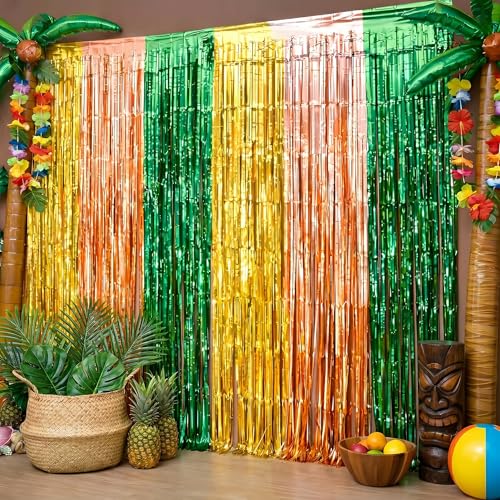 Image of Hawaiian Luau Party Decorations, 2 Packs Tropical Theme Hawaiian Foil Fringe Curtains,3.3 X 6.6 ft Aloha Photo Backdrop Streamers for Tiki Bar Pineapple Summer Beach Pool Party Decor
