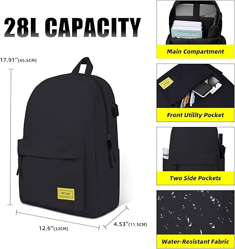 Miniatura 3 de Mochila ligera para laptop con puerto de carga USB, funda acolchada para laptop de 16 pulgadas, bolsa delgada resistente al agua, Negro, Tamaño