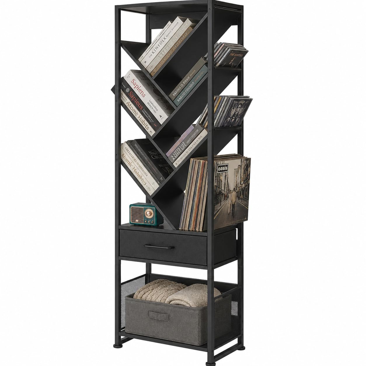 ruboka Tree Bookshelf with Side Table, Tall Bookcase with Storage Cabinet, Floor Standing Modern Narrow Bookshelves Organizer for Bedroom/Living Room/Home Office/Corner (Black, 10 Tier)