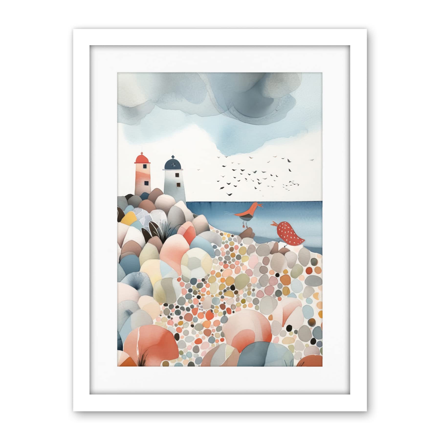 Artery8 Lighthouses On Multicoloured Pebble Beach Watercolour Painting Artwork Framed Wall Art Print 18X24 Inch