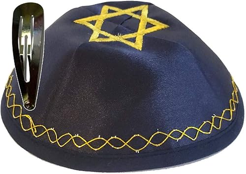 Holy Land Market Kipá judía Yarmulke con estrella de David bordado satinado (azul con tejido dorado) (azul con tejido dorado), Azul Con Tejer Dorado