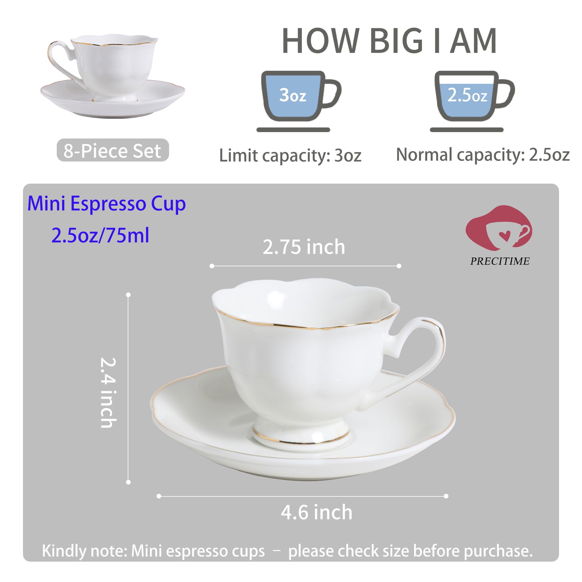 Juego Demitasse de porcelana blanca de 8 piezas, juego de tazas y platillos de 2.6 onzas, elegante diseño de ribete blanco y dorado, perfecto para espresso y café turco, regalos