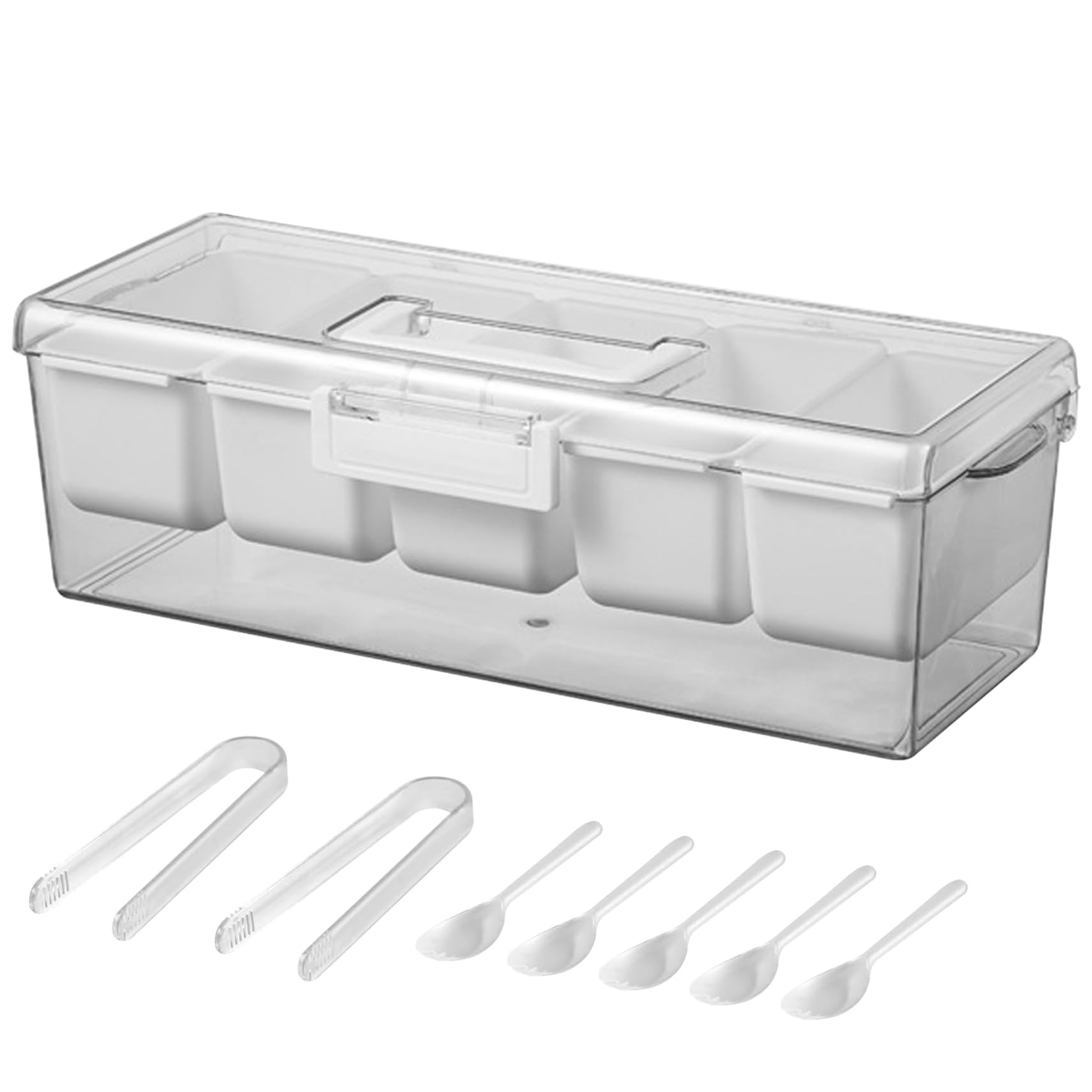 Bemonew Condiment Caddy, Chilled Condiment Server With Lid, 5-compartment Caddy With Handle – Portable Garnish Tray For Outdoor Picnics, Parties & Home Storage, Comes 2 Tongs & 5 Forks