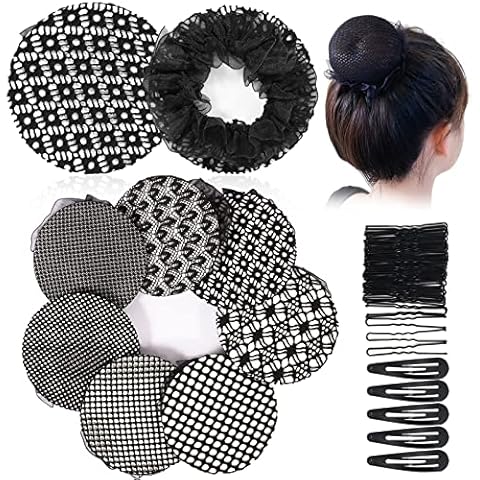 7PCS Invisible Bun Hair Nets Set, Reusable Elastic Mesh Edge Net Bun Cover for Ballerina Dancer Bank Clerk Nurse Skater, Black Stretch Plaid Hair Net with Lace, Hair Accessories for Women Girls Cover
