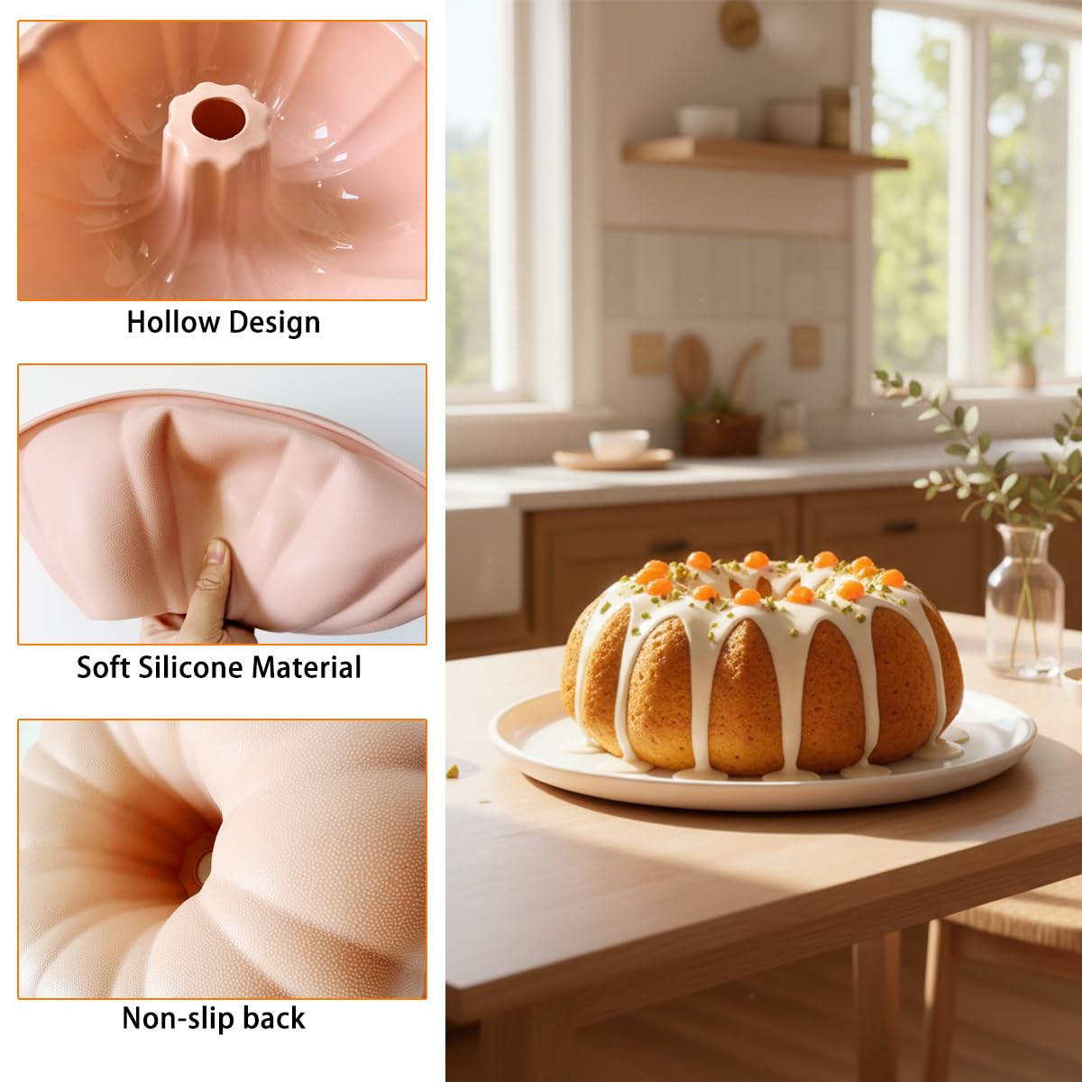 WWYSSZ Molde Rosco Alto 25cm Molde Silicona Bizcocho Agujero, Moldes Silicona Reposteria, Molde para Antiadherentes, Apto para Lavavajilla, para Pasteles,Gelatinas, Pan,Chocolates(Rosa) — view 4