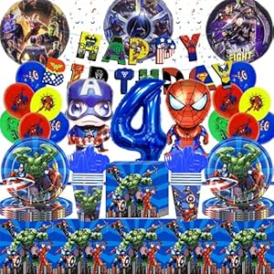 Decoracion de Cumpleaños de Superhér 4 Años, Kit Vengador Cumpleaños, 93 PCS Fiesta Globos Marve Cumpleaños Decoracion, Globos Pancartas Platos Servilletas Mantel ect Cumpleaños Fiesta Suministros
