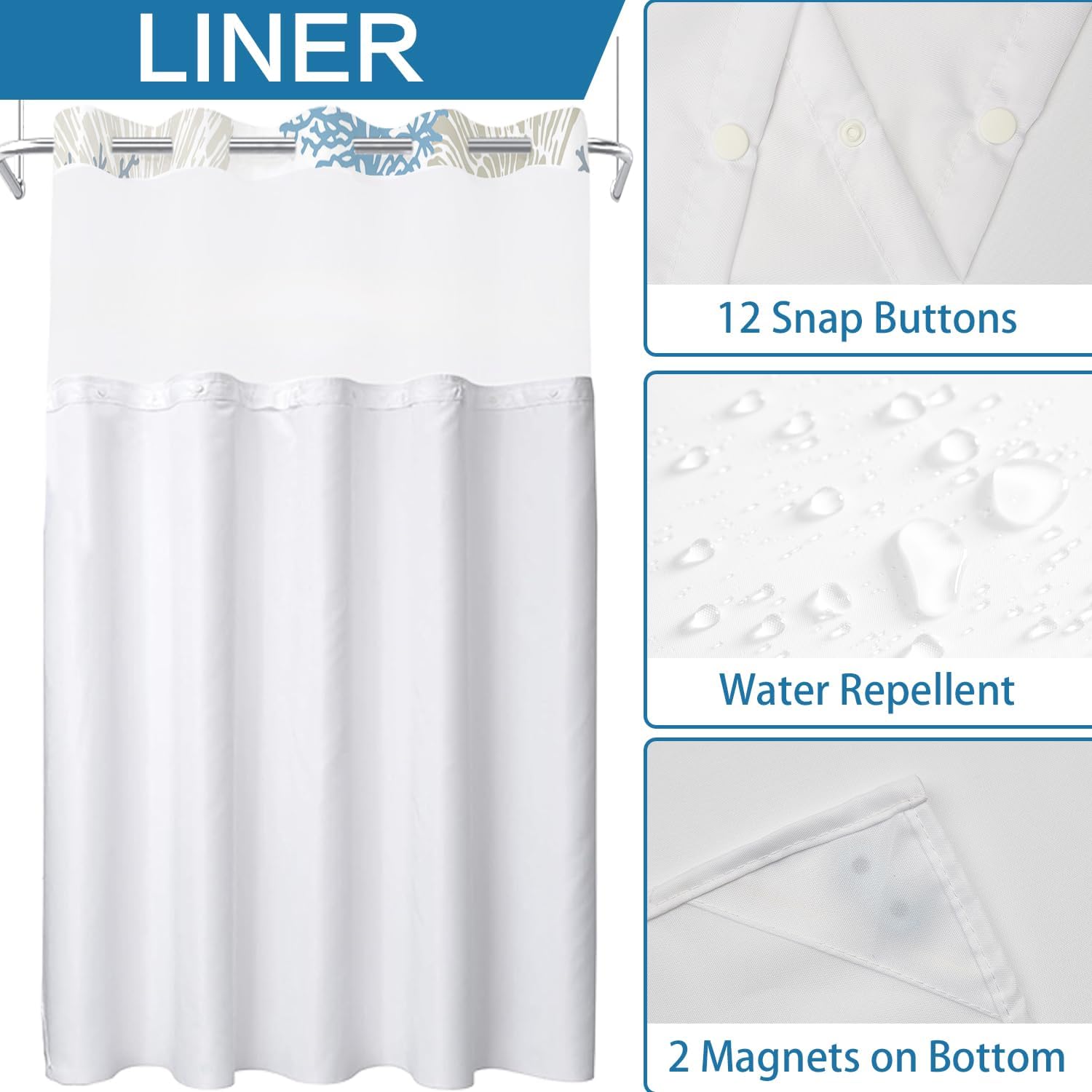 DASHAN No Hook Shower Curtain with Snap in Liner, Blue Nautical Coastal Shower Curtains for Bathroom, Tropical Beach Ocean Starfish Bathroom Curtains Hotel Fabric Bath Curtain 71"x74"