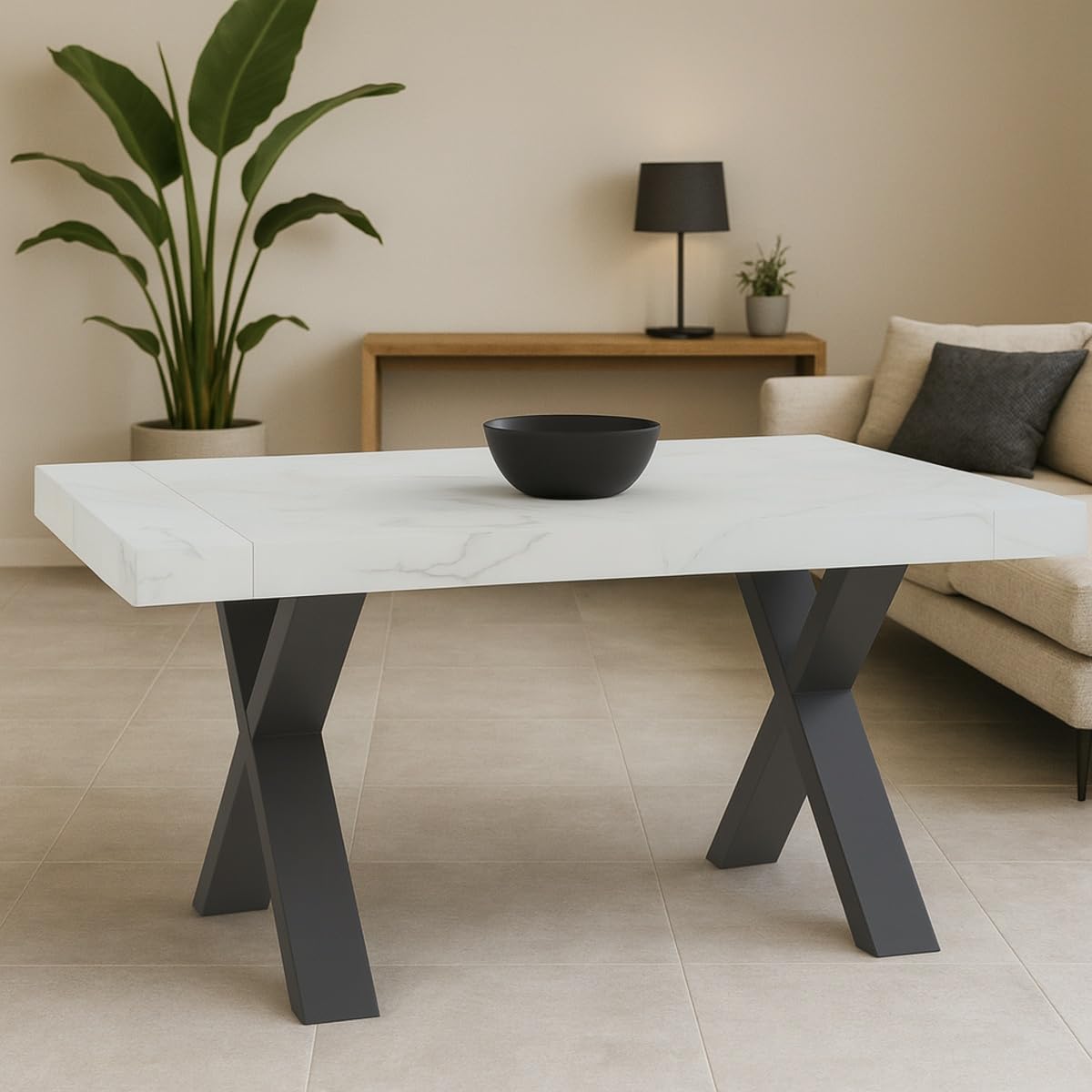 Yellowshop - Tavolo da pranzo Oliver allungabile moderno in legno Effetto MARMO BIANCO con gambe a X antracite – design elegante per sala soggiorno (180/240x90 cm)