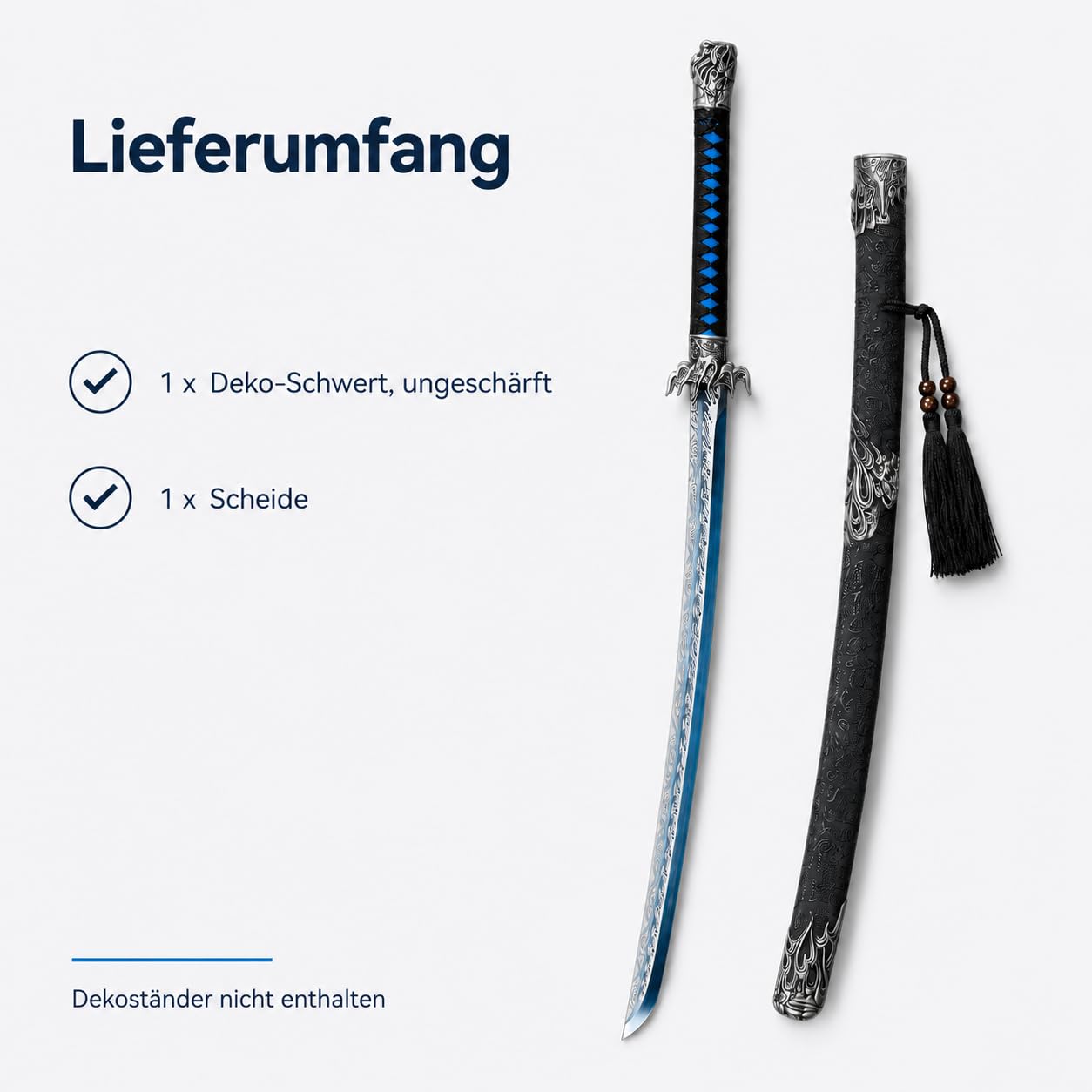 Katana Samurai Schwert - Japanisches Dekorationsschwert mit Blauer Klinge & Gravuren - Ungeschliffene Edelstahlklinge - ABS-Scheide - Perfekt für Sammler & Anime Deko