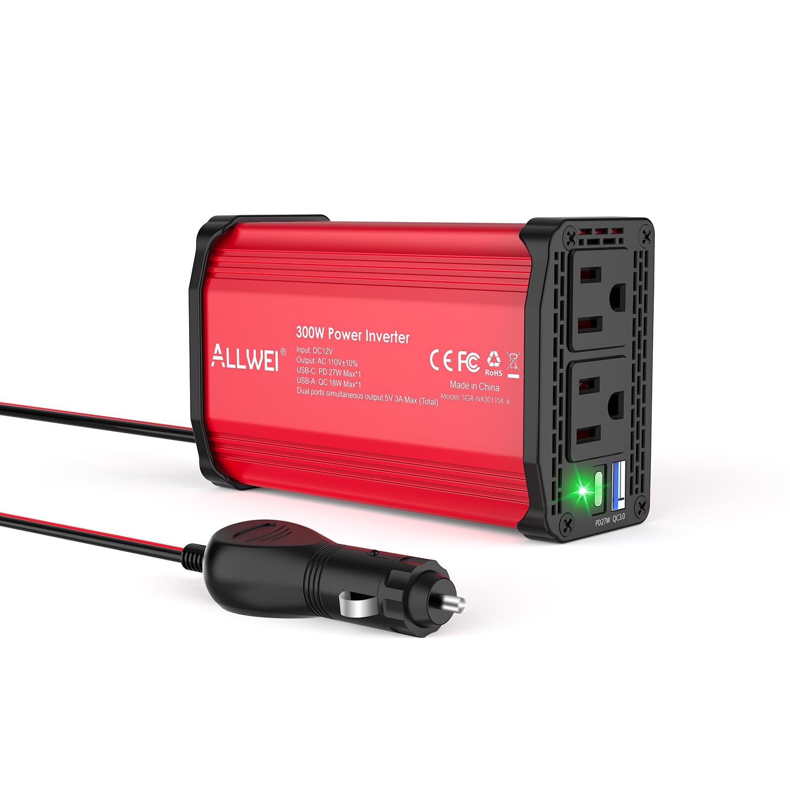 ALLWEI 300W Power Inverter DC 12V to 110V AC, Compact Car Plug Adapter Outlet with 27W PD USB-C &18W USB-A Fast Charging, Cigarette Lighter Adapter Car Charger for Phone, Laptop on Road Trip - Red