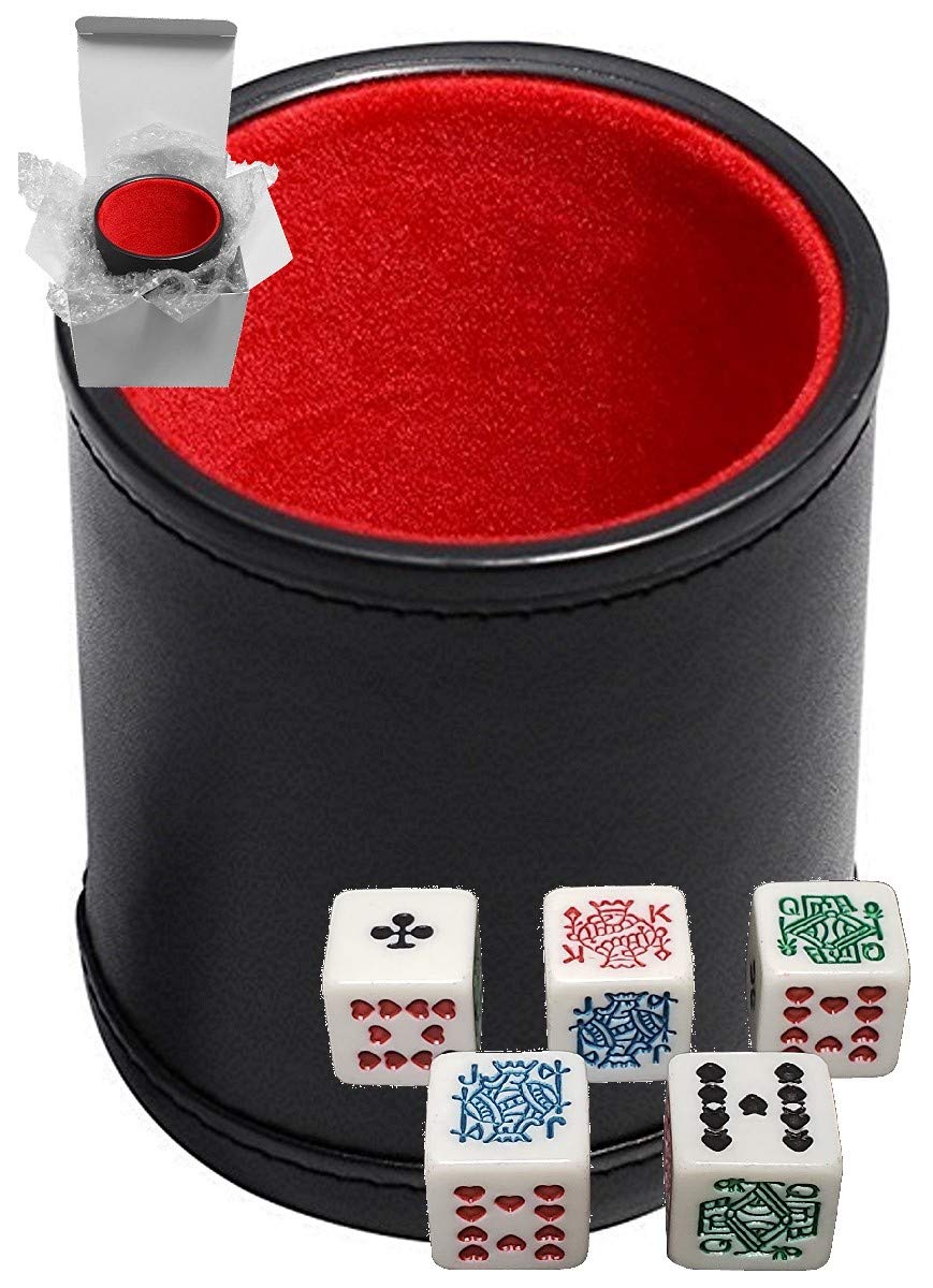 Set of Dice Cup Black PU Leather w/Plush Red Felt Lining + Poker Dice White Squared Corner Clubs Ace (Gift Boxed)