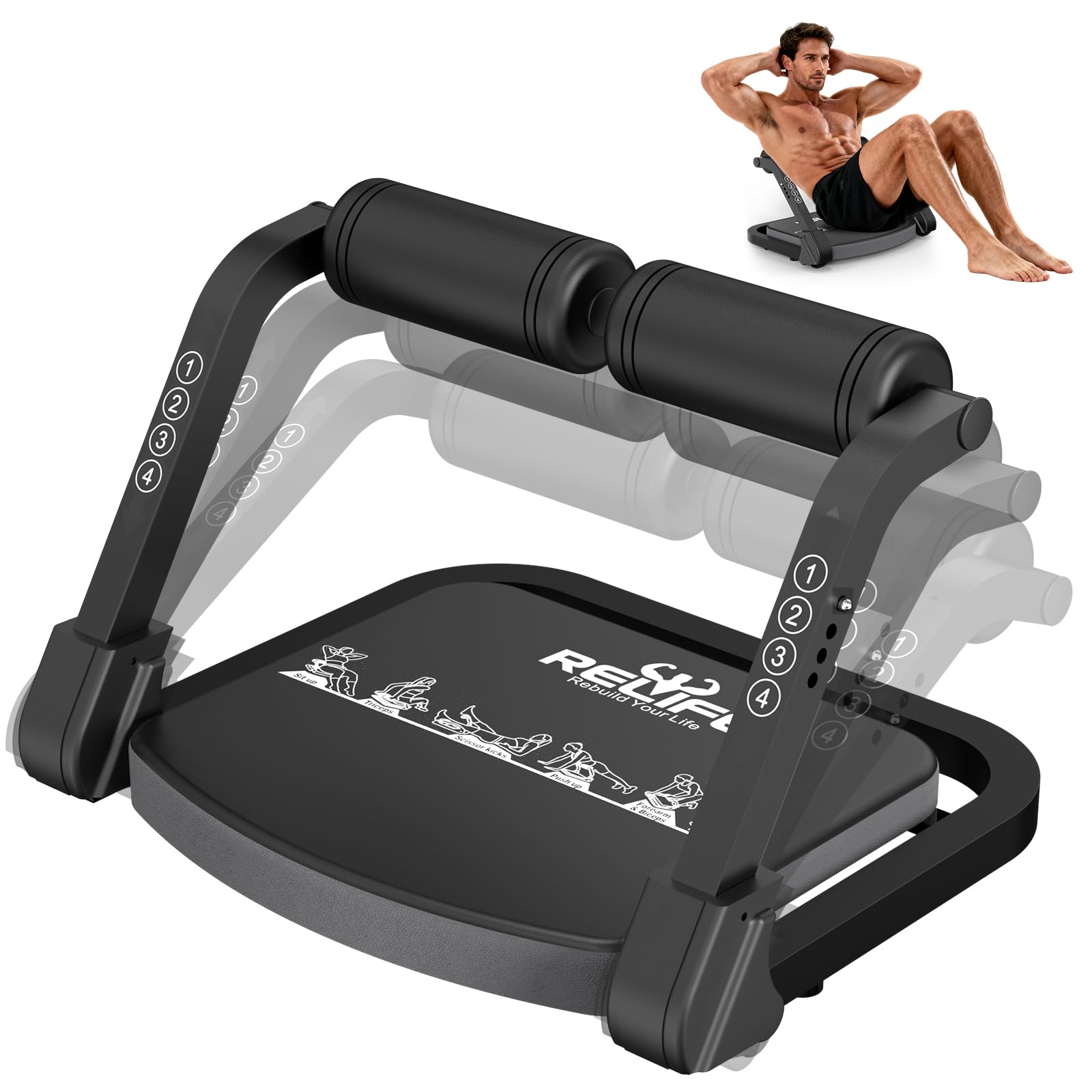 RELIFE REBUILD YOUR LIFE Allenatore per addominali, attrezzo per la casa, pieghevole e 3 livelli di resistenza, addominali, gambe, glutei, addominali