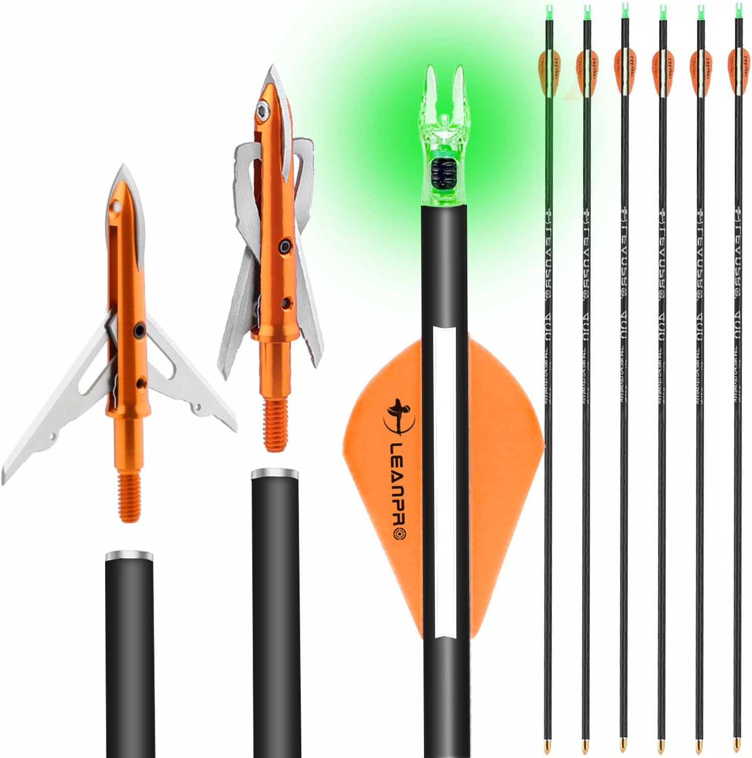 31 inch 6 Pack Hunting Carbon Arrows with 100 Grain 2 Blade Mechanical Broadheads and Lighted Nocks for Archery Compound & Recurve Bow Shaft Spine 300/350/400 Practice Arrows