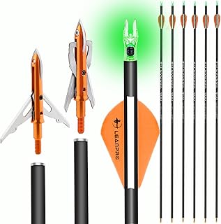 LEANPRO 31 inch 6 Pack Hunting Carbon Arrows with 100 Grain 2 Blade Mechanical Broadheads and Lighted Nocks for Archery Compound & Recurve Bow Shaft Spine 300/350/400 Practice Arrows