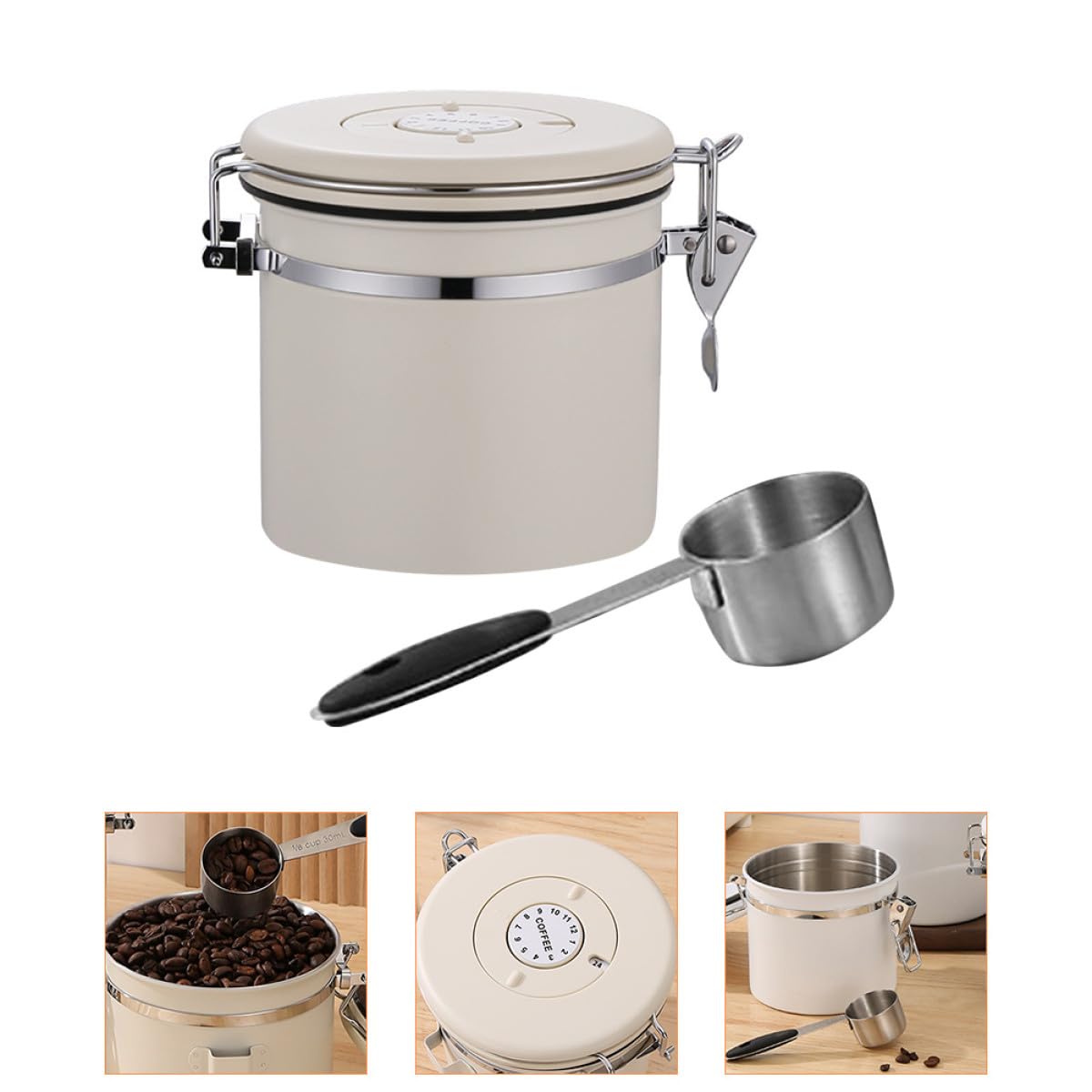 YARNOW Bote Hermético Adecuado para Conservar Granos de Acero Inoxidable con Cuchara 1.2l para Almacenamiento de Café y Té, Estanqueidad y Diseño Beige