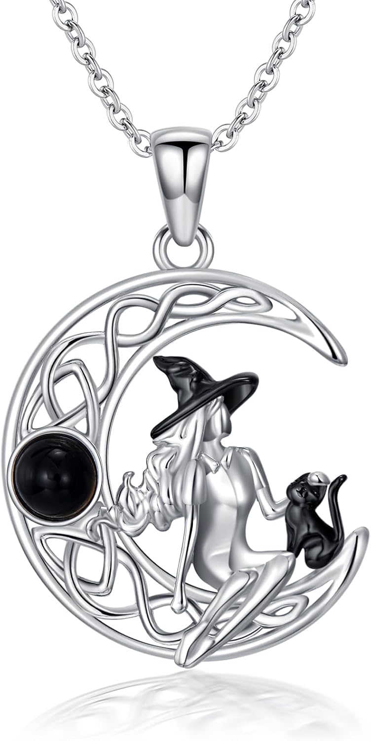 925 Sterling Silver Witch Knot/Fairy/Sun and Moon/Cat/Raven/Hecate/Lilith/Tetragrammaton/Space Pendant Witches Triple Moon Necklace Gothic Jewelry Gift for Women