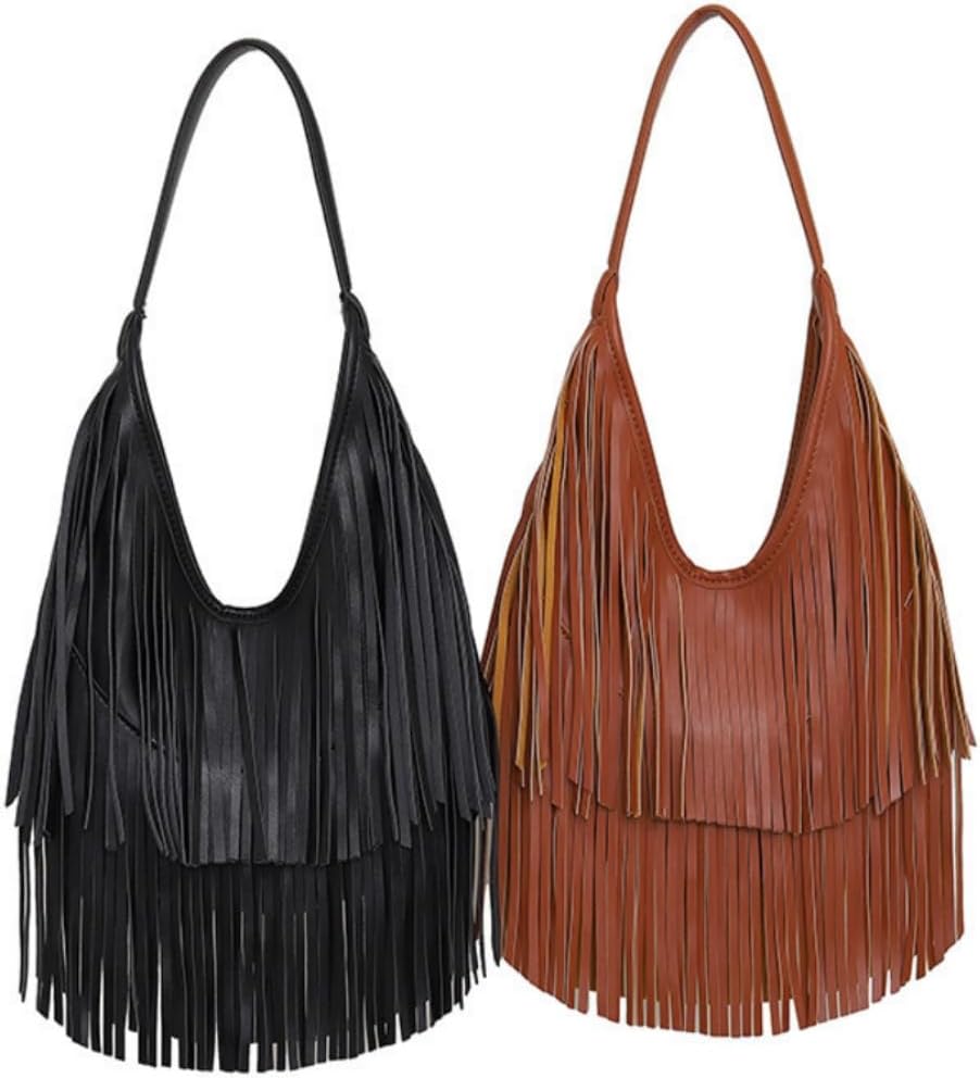 IAMUHI Casual Rivets Fringed Shoulder Handbag for Women,Soft Vegan Leather Hippie Crossbody Purse Bag Hobo Bag